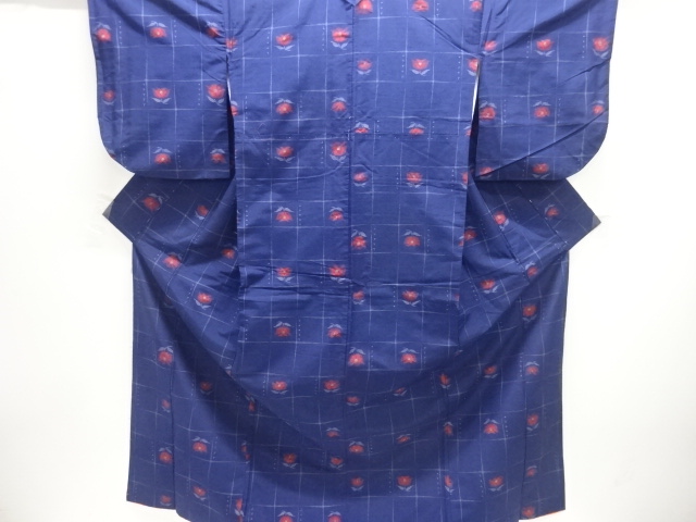 格子に花模様織り出し手織り紬着物